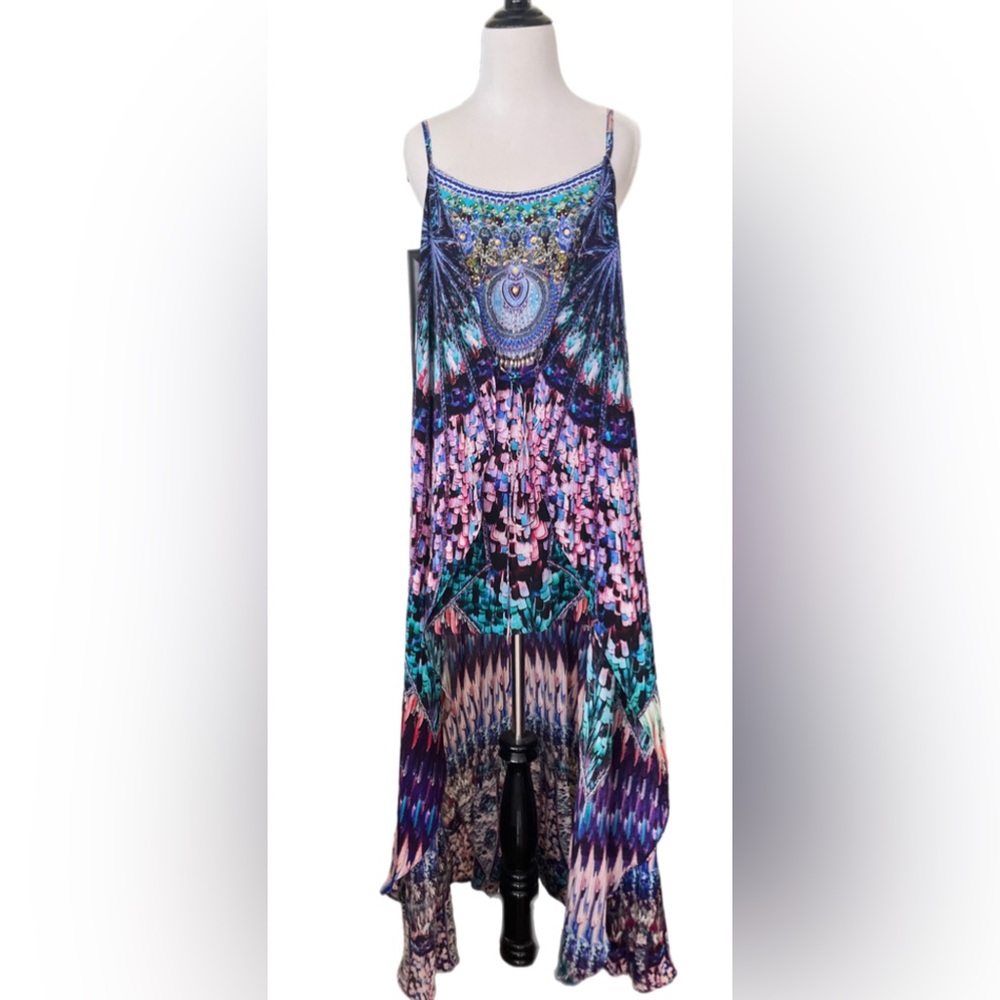 Camilla Maxi Dress Mini w/ Long Over Layer Tie Front Hi-Lo Sparkled Mixed Print